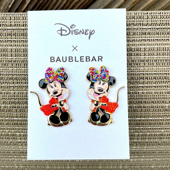 BNWT DISNEY X BAUBLEBAR MINNIE MOUSE GUM BALL BOW & CRYSTAL DRESS POST EARRINGS - Picture 2 of 6